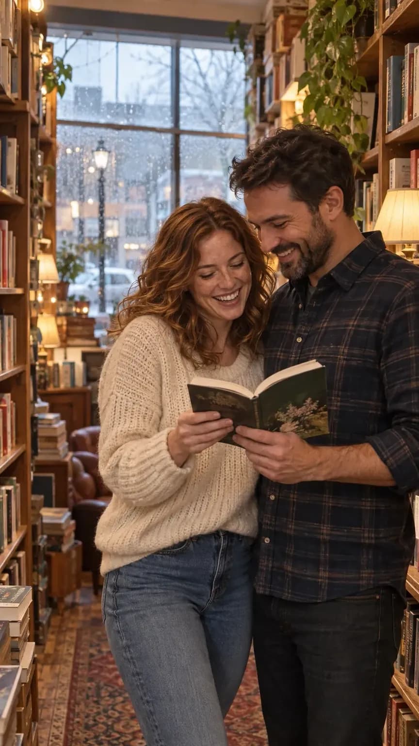 A couple laughing over a poetry book in a cozy bookshop on a rainy day (AI photo, fictional people)
