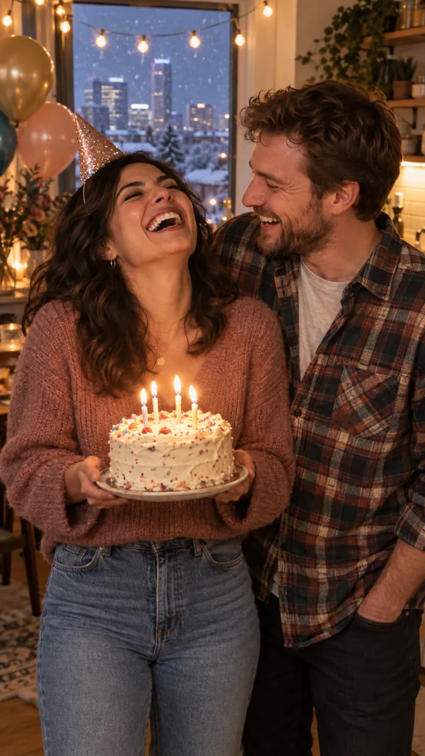 A woman in a party hat laughs while holding her birthday cake next to her best friend on a snowy evening (AI photo, fictional people)