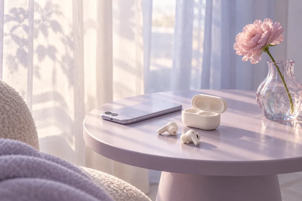 Wireless earbuds, a phone and a single flower on a lilac table in morning light (AI photo)