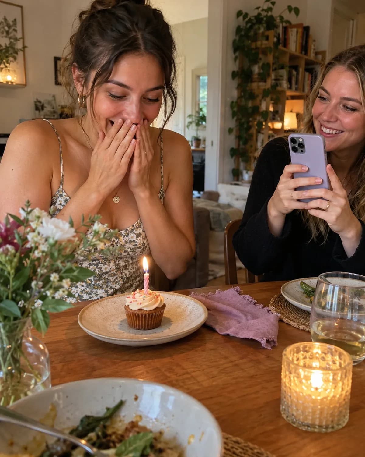 Two women sharing a birthday surprise at home (AI photo, fictional people)