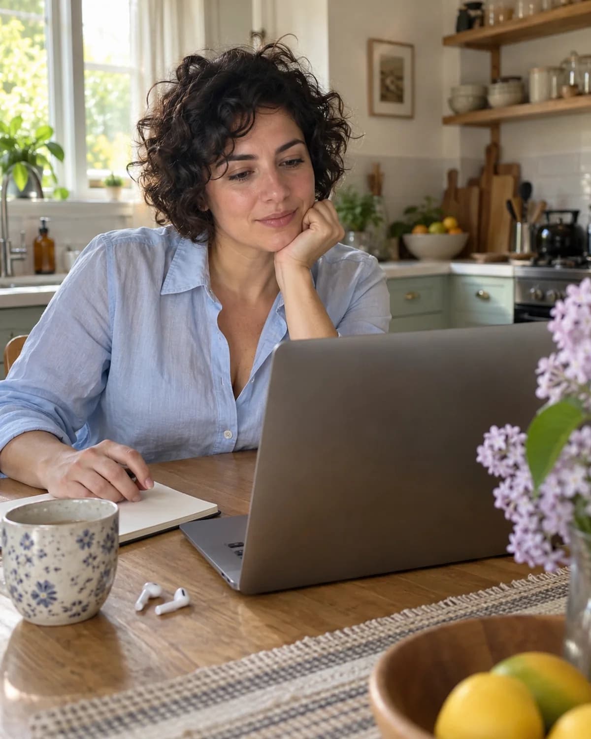A woman thoughtfully writing at a laptop and notebook (AI photo, fictional person)