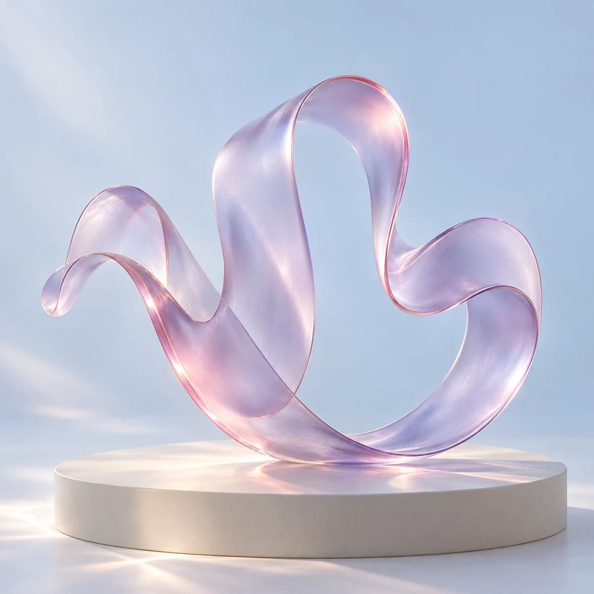 A translucent lilac glass ribbon shaped like a flowing sound wave (AI artwork)