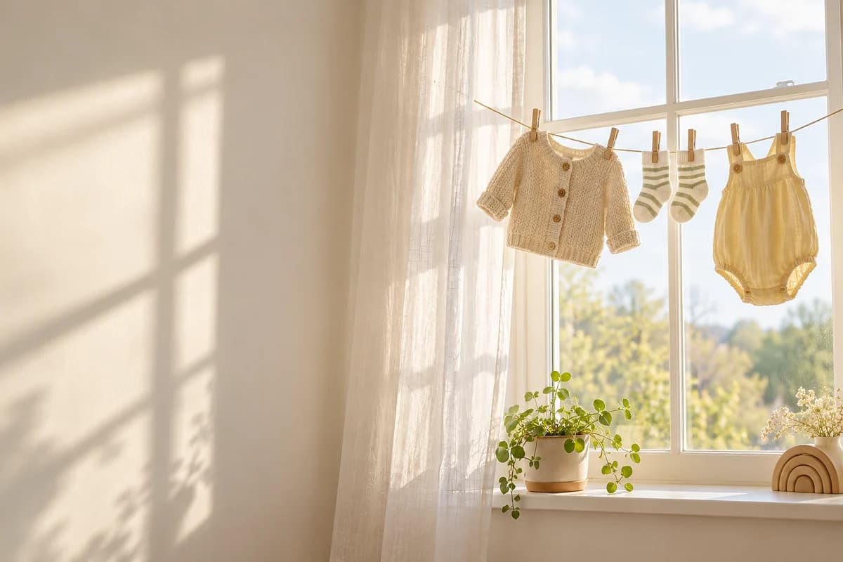 A sunlit nursery window with a tiny knitted cardigan, striped socks and a yellow romper pinned to a thin line with wooden clothespins (AI photo)