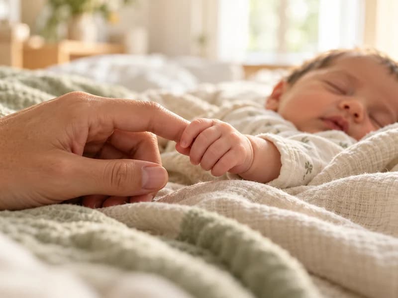 A newborn's tiny hand wrapped around a parent's finger on linen sheets in soft morning light (AI photo, fictional people)