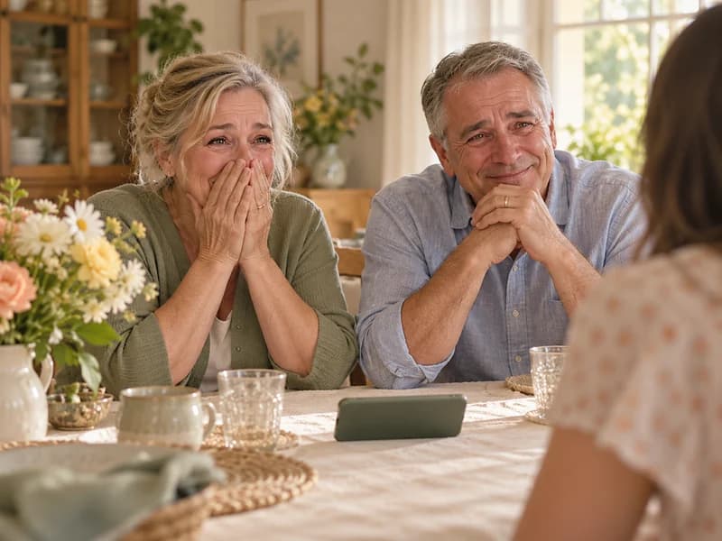 A grandmother-to-be with both hands over her mouth at the dinner table, the grandfather beside her smiling with wet eyes (AI photo, fictional people)