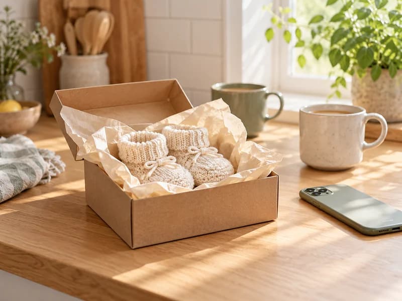 A small kraft gift box open on a kitchen counter in morning light, tiny knitted baby booties inside and two mugs of coffee beside it (AI photo)