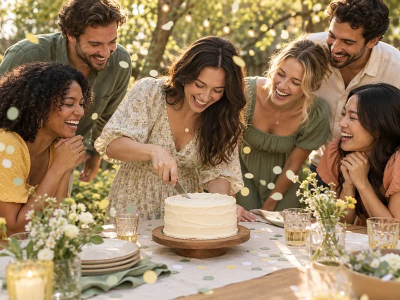 Friends lean in laughing around a small frosted cake in a garden as the first slice is cut, paper confetti in the air (AI photo, fictional people)