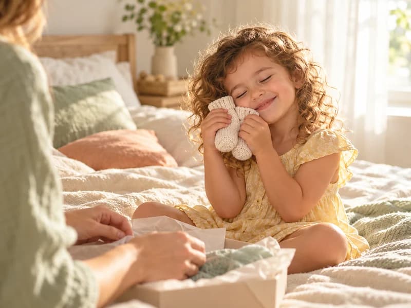 A curly-haired three-year-old big sister on a sunlit bed hugs a tiny pair of knitted baby socks to her cheek (AI photo, fictional people)