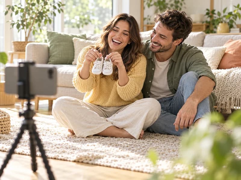 A young couple on a sunlit living-room rug filming their announcement with a phone on a small tripod, she holds up a tiny pair of white baby shoes (AI photo, fictional people)