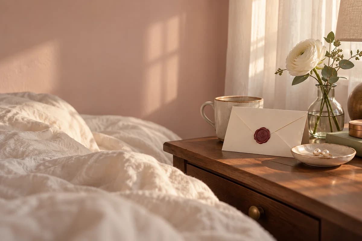 A sealed ivory envelope with a wine-red wax seal leaning on a coffee cup beside white flowers and pearl earrings on a bedside table in morning light (AI photo)