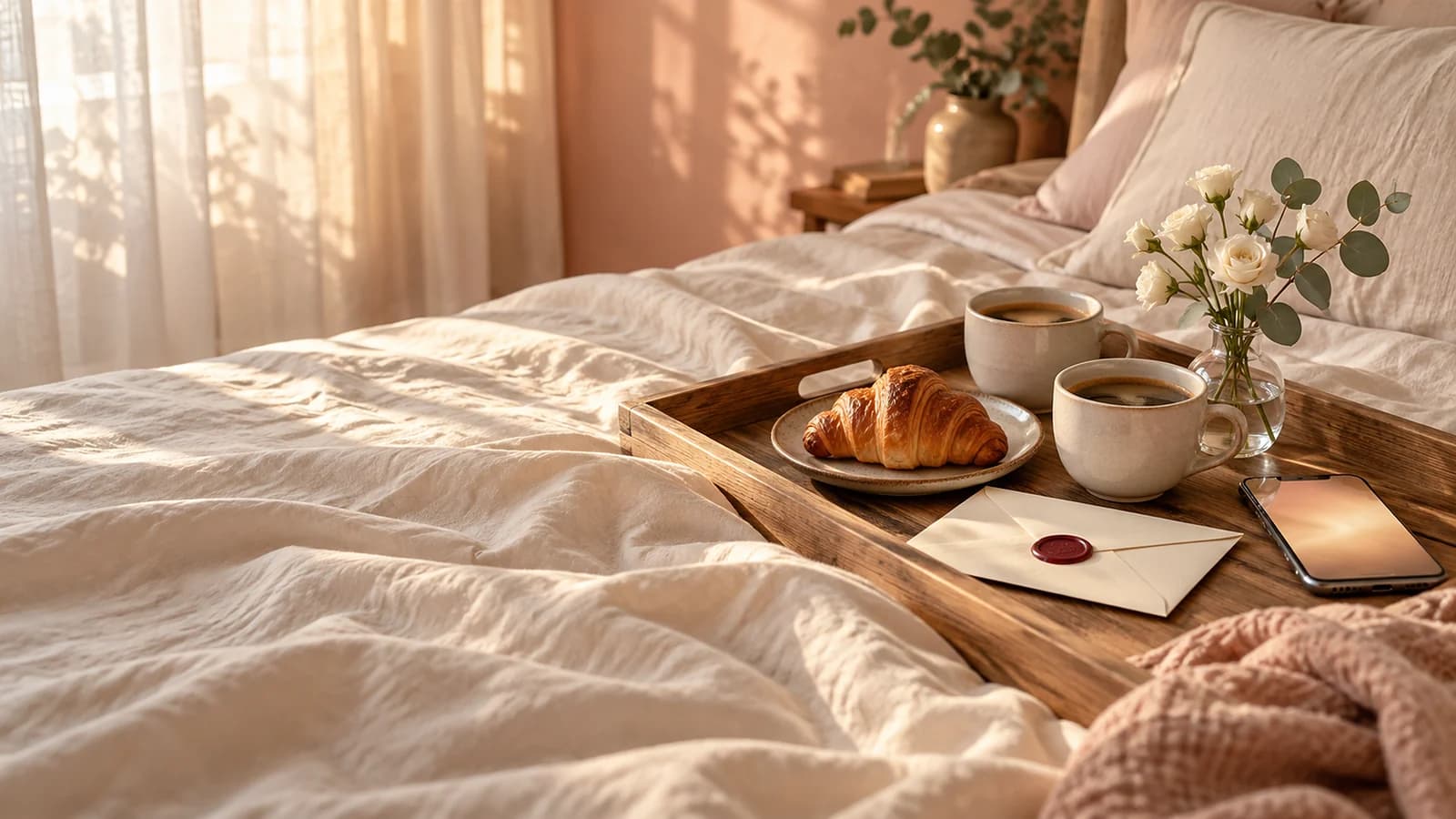 A breakfast tray on rumpled linen sheets with two coffees, a croissant, a sprig of white flowers and a small envelope sealed with wine-red wax (AI photo)