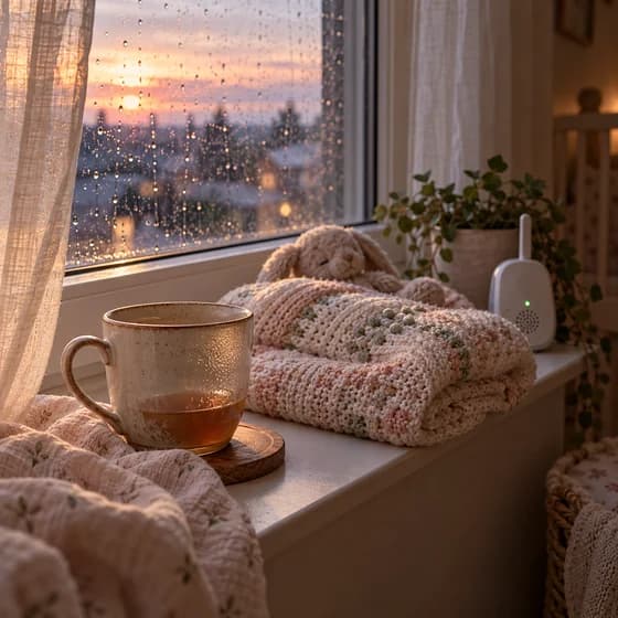 A cold cup of tea, a folded knitted baby blanket and a softly glowing baby monitor on a rainy windowsill at dawn (AI photo)