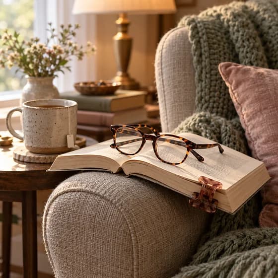 Tortoiseshell reading glasses on an open paperback with a hair clip for a bookmark, beside a mug of tea (AI photo)