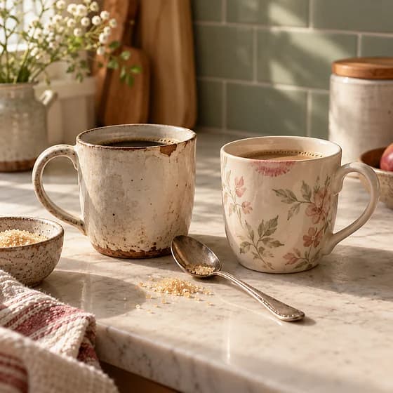 Two mismatched ceramic mugs side by side on a kitchen counter, one chipped and well loved (AI photo)