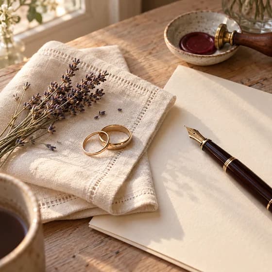 Two gold wedding bands on a folded linen napkin beside dried lavender, a fountain pen and blank writing paper (AI photo)