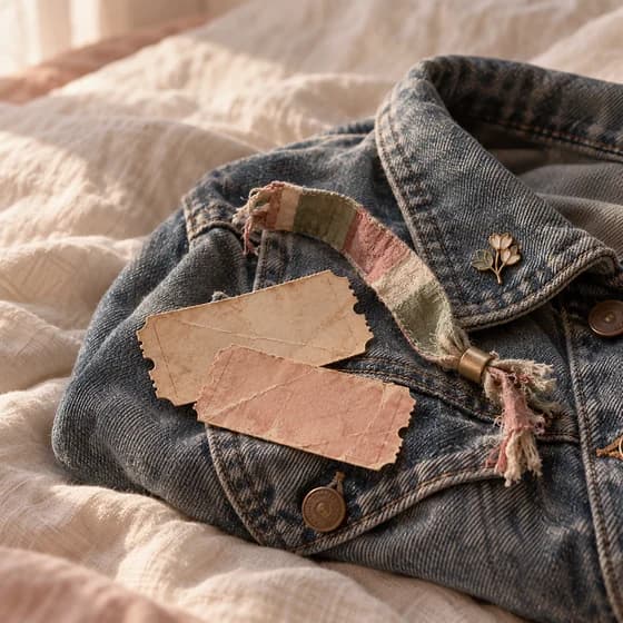 Two blank paper ticket stubs and a frayed festival wristband resting on an old denim jacket (AI photo)