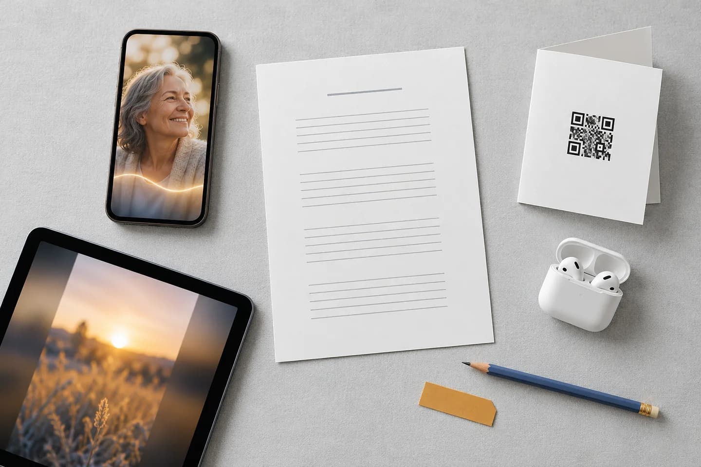 Top-down flat lay of a song gift's parts: a phone showing a gift page with a smiling older woman, a tablet playing a vertical lyric video, a printed lyrics sheet, a folded card with a QR code, wireless earbuds and a pencil on a pale gray desk (AI photo)