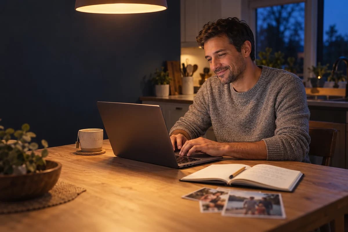 A man at a kitchen table in the evening, smiling as he types on a laptop, an open notebook of handwritten notes and a few printed family photos beside him (AI photo, fictional person)