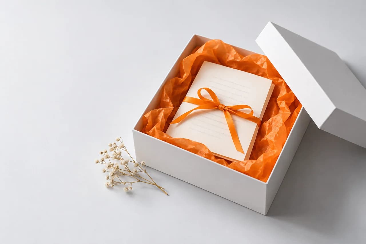 An open white gift box lined with tangerine tissue paper, holding a folded lyric sheet tied with a ribbon