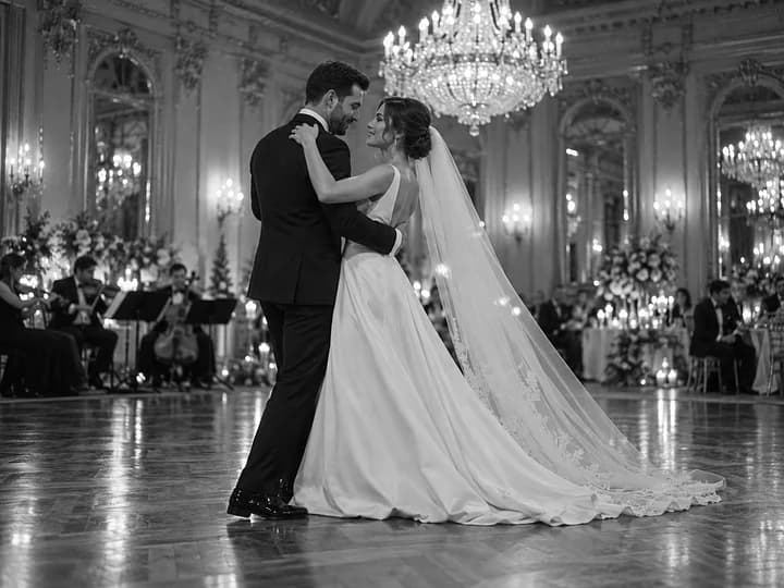 Black-and-white photo of a couple waltzing under a chandelier in an old ballroom, her long veil trailing (AI photo, fictional people)