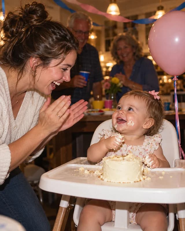 A one-year-old girl in a high chair with frosting on her fingers looks up delighted at her mother, who leans in clapping at her first birthday (AI photo, fictional people)