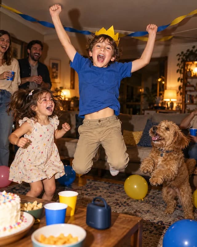 An eight-year-old boy in a paper crown jumps with both arms up at his birthday party while his little sister and the dog bounce beside him (AI photo, fictional people)