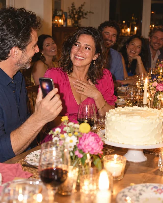 A woman turning fifty presses a hand to her chest at a candlelit dinner while her husband plays her a song on his phone (AI photo, fictional people)