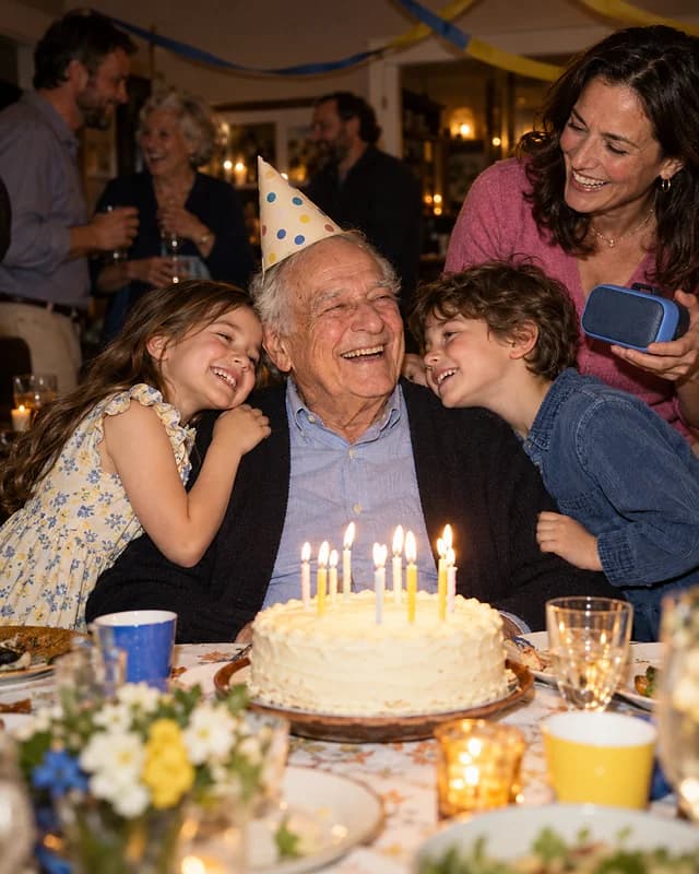 A grandfather in a paper party hat laughs as two grandchildren lean on his shoulders at his eightieth birthday lunch (AI photo, fictional people)