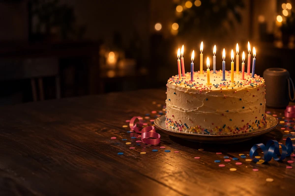 A homemade birthday cake with lit candles and pink, blue and yellow sprinkles on a dark table, just before it is carried out (AI photo)