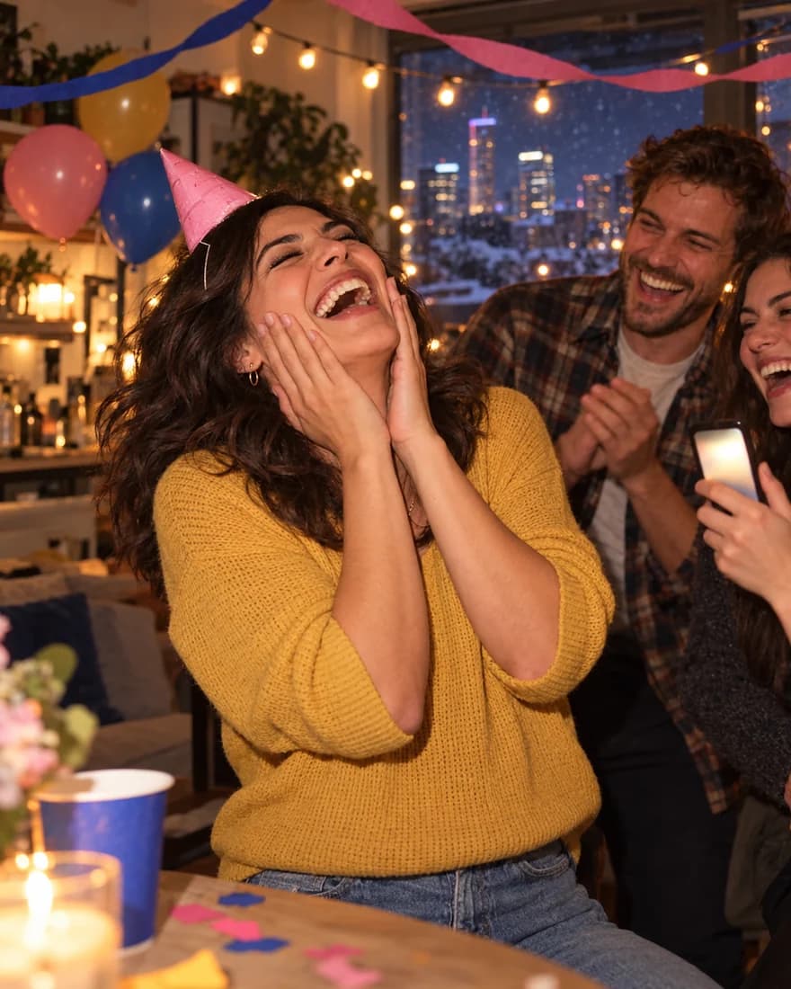 Maya, in a paper party hat, laughs with both hands on her cheeks at the moment she hears her name in the song at her thirtieth birthday party, friends laughing beside her (AI photo, fictional people)