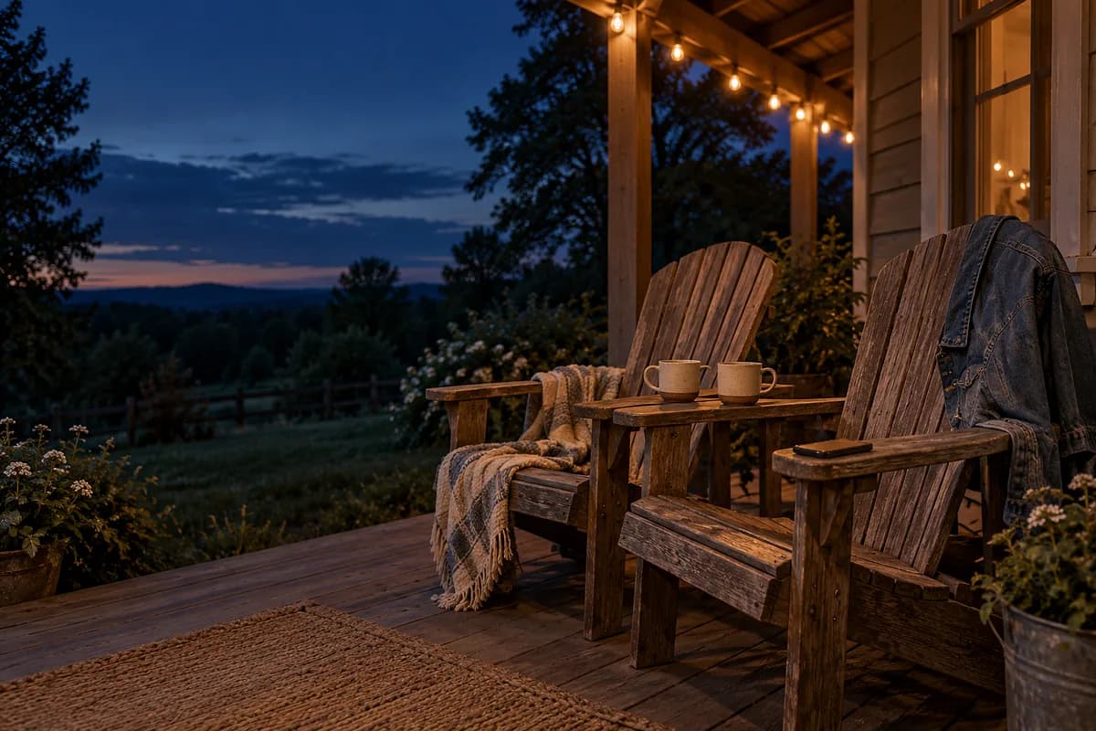 Two weathered porch chairs side by side at blue hour, a denim jacket over one, two mugs on the armrest and warm string lights overhead (AI photo)