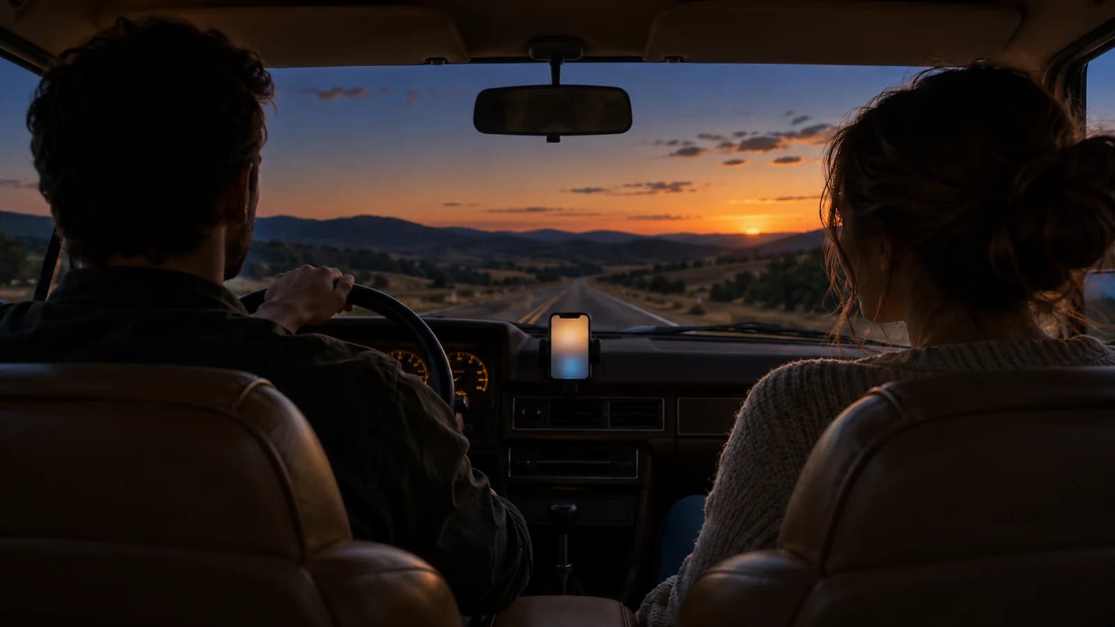 Seen from the back seat at dusk, a man drives down an open country road while his wife turns toward him, a phone glowing in the dashboard mount (AI photo, fictional people)