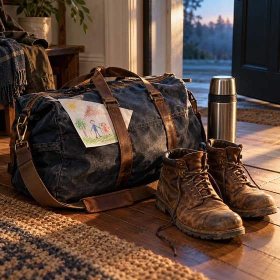 A packed canvas duffel and worn work boots by a front door at dawn, a child's crayon drawing tucked under the strap (AI photo)