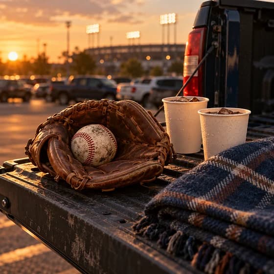 A worn leather baseball glove holding a scuffed ball on a pickup tailgate at a ballpark at sunset (AI photo)