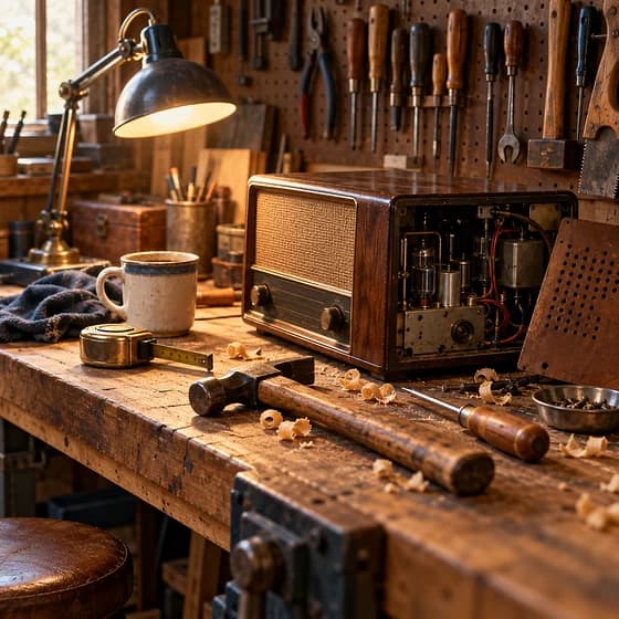 A workbench with a hammer, wood shavings, a mug and an old radio open mid-repair under a clamp lamp (AI photo)