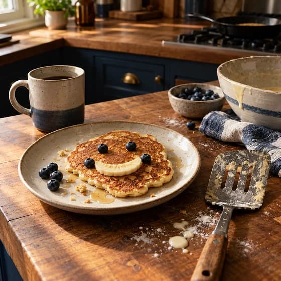 A lopsided Sunday pancake with a goofy blueberry-and-banana face on a plate, a flour-dusted spatula beside it (AI photo)