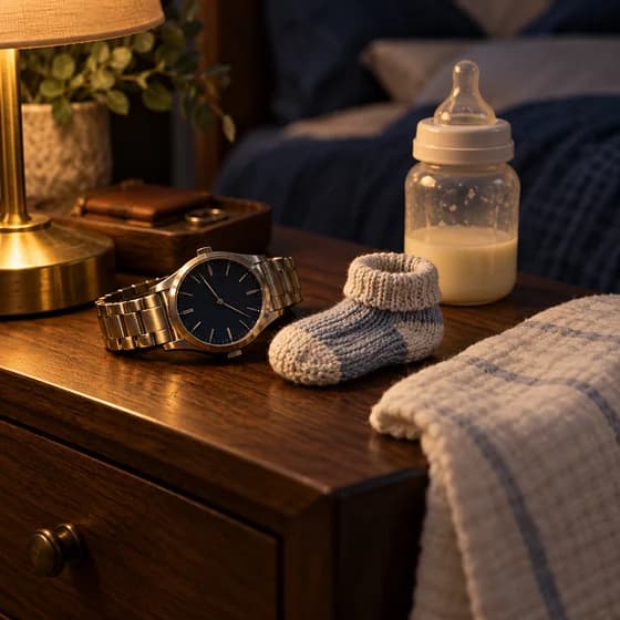 A man's steel wristwatch beside a tiny knitted baby sock and a baby bottle on a nightstand under a lamp (AI photo)