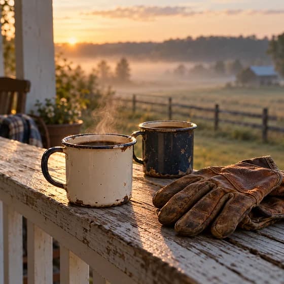 Two chipped enamel mugs of coffee on a porch railing at dawn, one steaming, beside a pair of worn leather work gloves (AI photo)