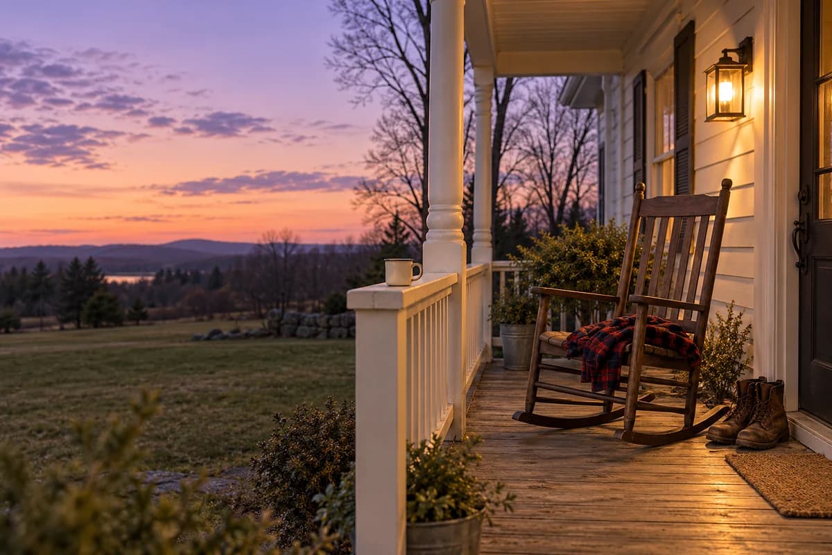 A front porch at dusk with the light on, an empty rocking chair with a folded flannel shirt on the seat and a mug on the railing (AI photo)