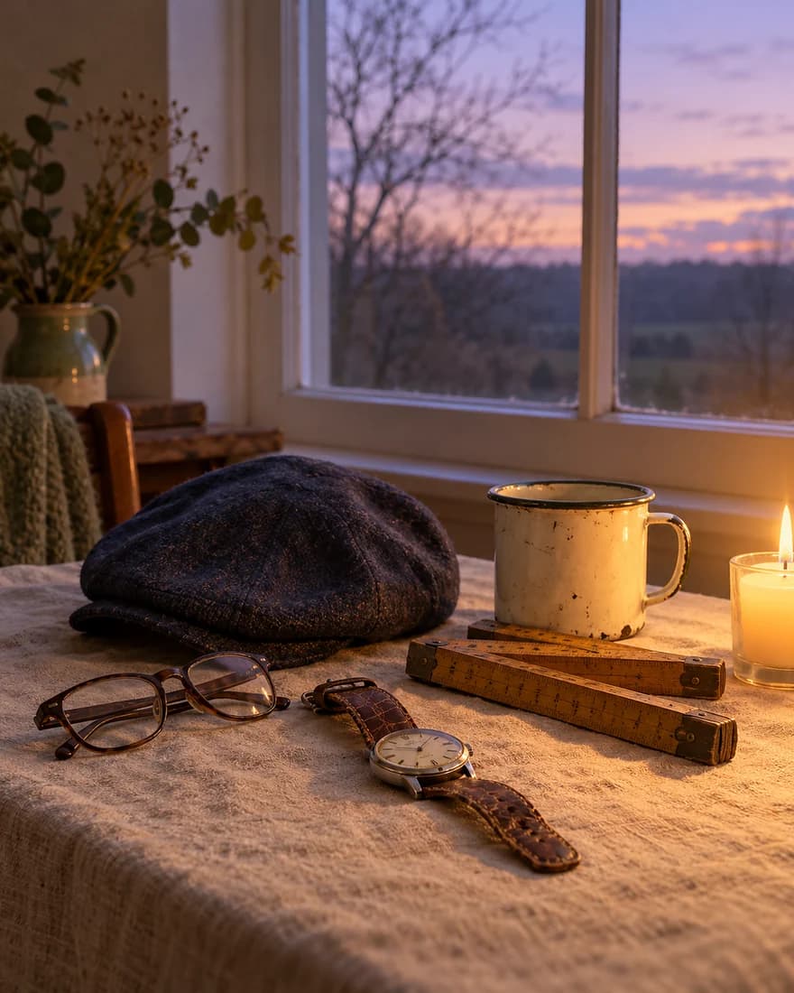 A father's wristwatch, reading glasses, flat cap, folding ruler and enamel mug on a linen cloth by a window at dusk, lit by a single candle (AI photo)