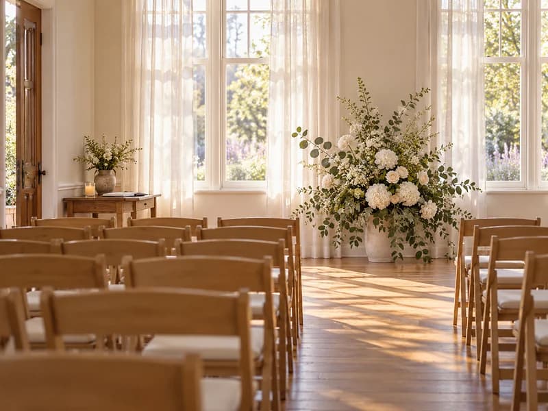 A bright room set for a memorial gathering, rows of light wooden chairs and a tall arrangement of white roses and eucalyptus, before anyone arrives (AI photo)
