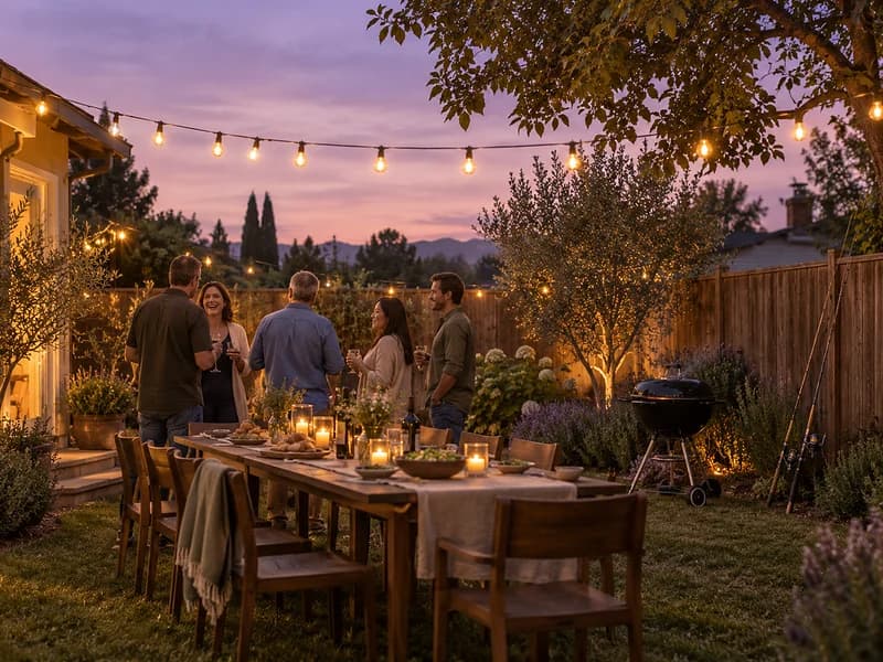 A backyard at dusk with string lights over a long wooden table, a few people talking softly, and a grill and two fishing rods by the fence (AI photo, fictional people)