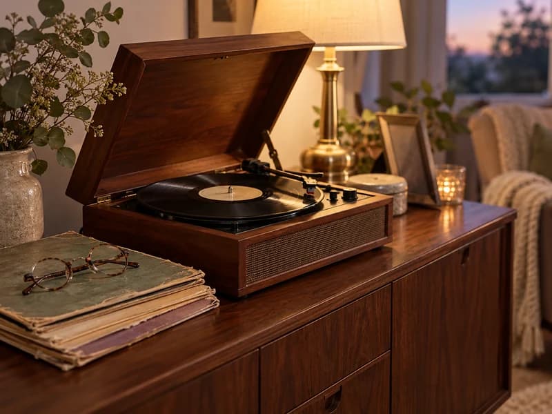 An old wooden record player with a vinyl record, a stack of worn record sleeves and a pair of reading glasses on a sideboard in warm lamp light (AI photo)