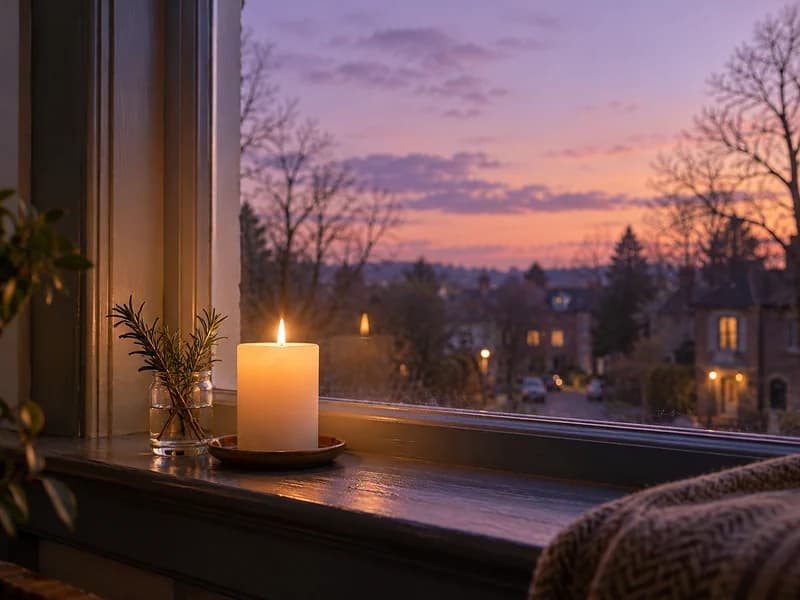 A single lit candle and a sprig of rosemary on a windowsill against a lavender dusk sky (AI photo)