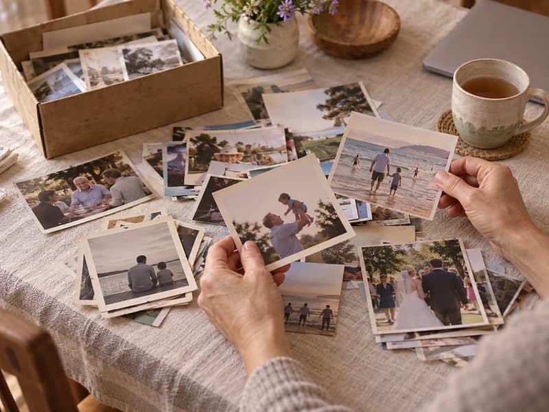 A shoebox of old family snapshots spilled across a linen tablecloth while two hands sort them into small piles (AI photo)