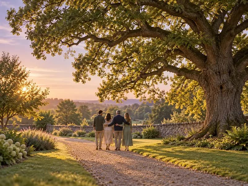 A family of four seen from far behind, walking arm in arm along a gravel path under a great oak tree in golden afternoon light (AI photo, fictional people)