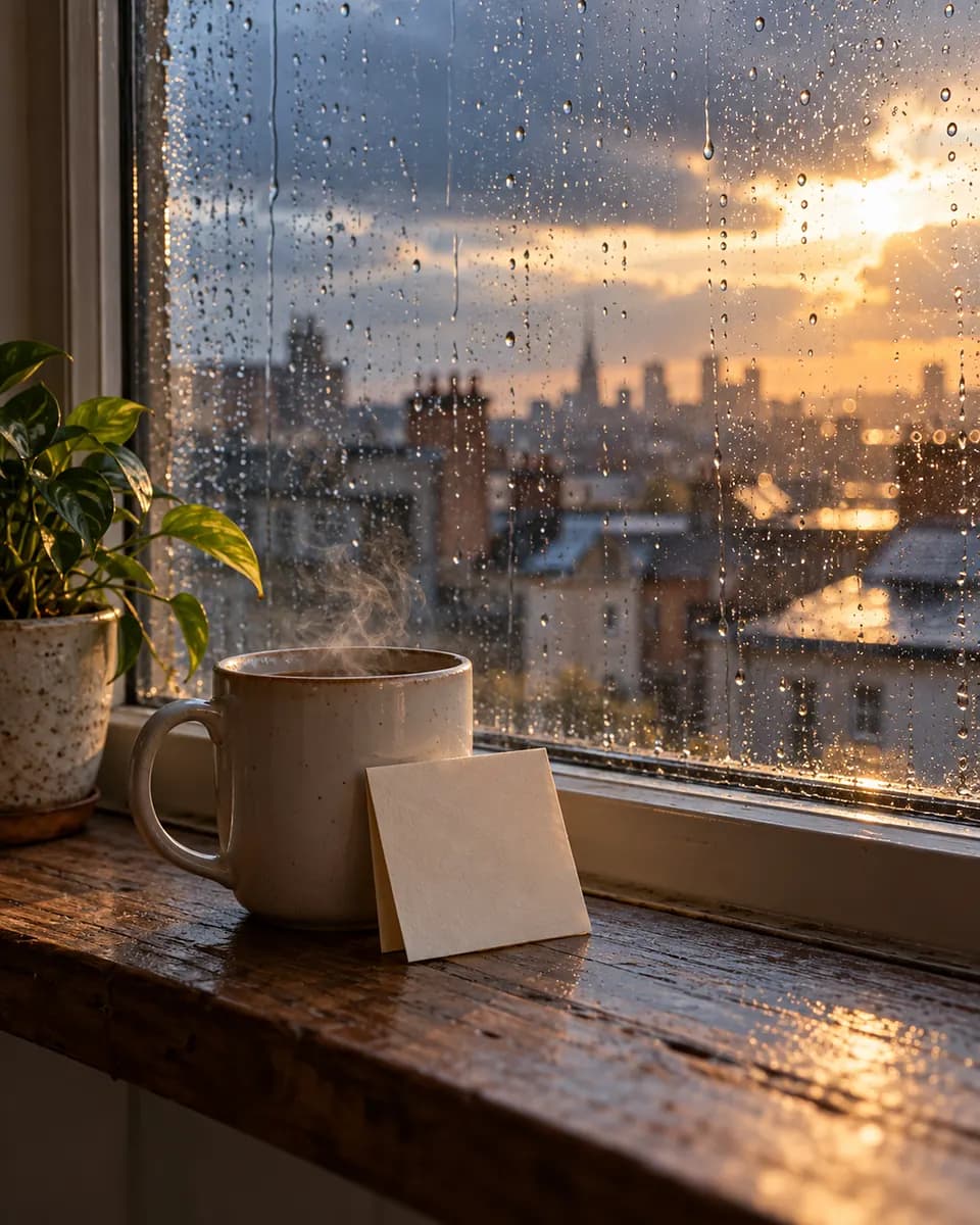 A mug of coffee and a folded note on a wooden windowsill, in front of a window still wet with rain, with morning light breaking through the clouds (AI photo)