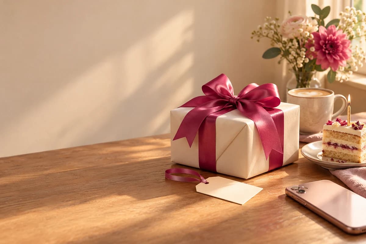 A present wrapped in ivory paper with a berry satin bow on a sunlit breakfast table, beside coffee, a slice of birthday cake with one candle and a blank gift tag (AI photo)