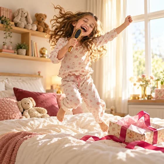 A seven-year-old girl in pajamas jumps on her bed singing into a hairbrush, a torn-open present beside her (AI photo, fictional people)