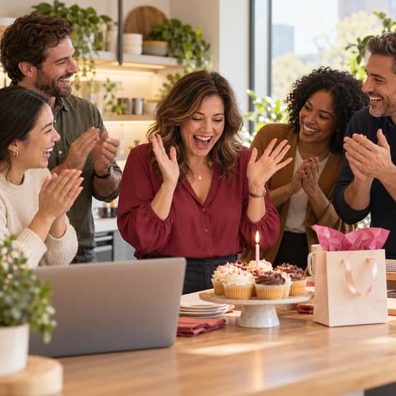 A woman raises both hands, laughing, in an office kitchenette as coworkers cheer around a plate of cupcakes (AI photo, fictional people)